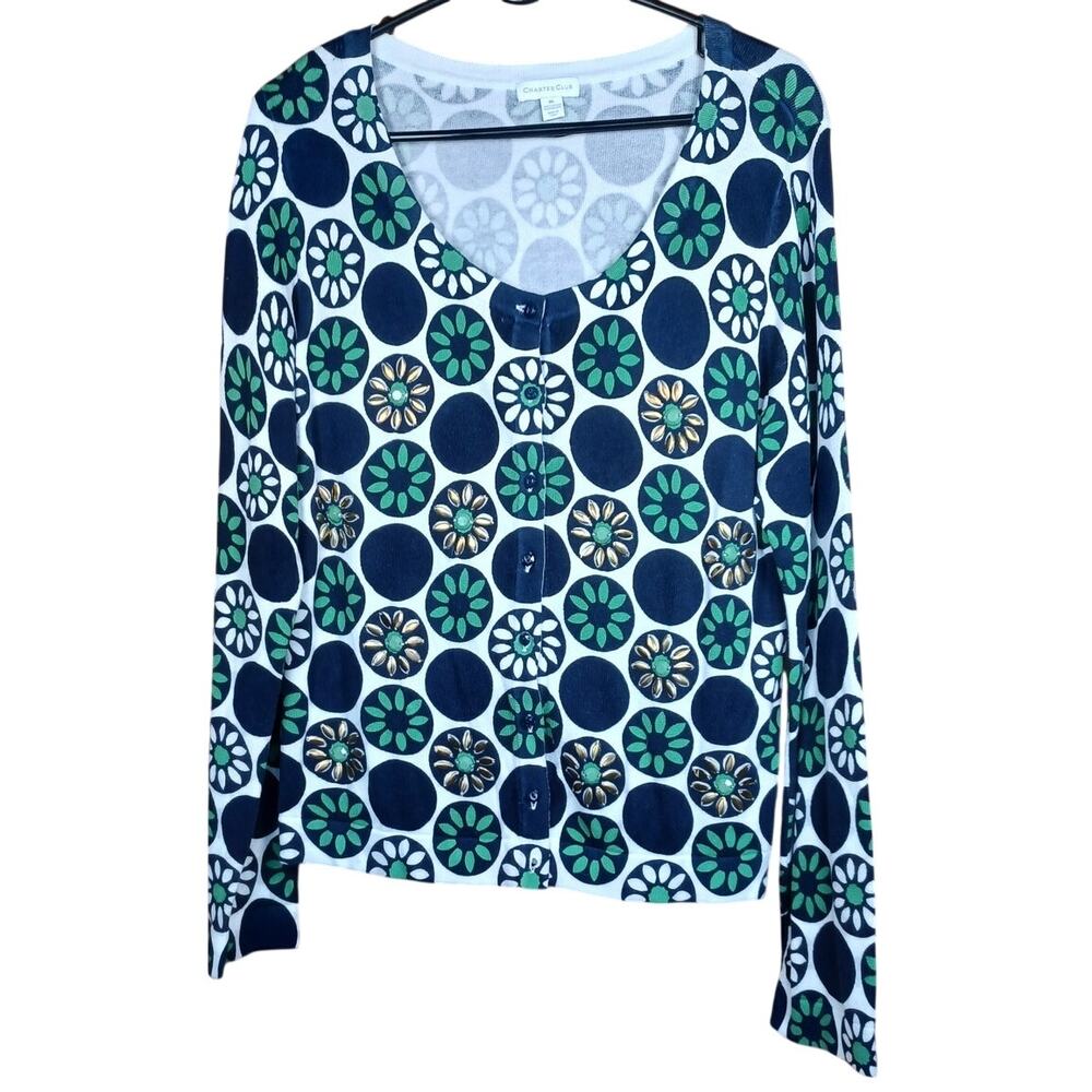 Charter Club Navy Green Floral Button Front Cardigan Sweater Women's Size XL